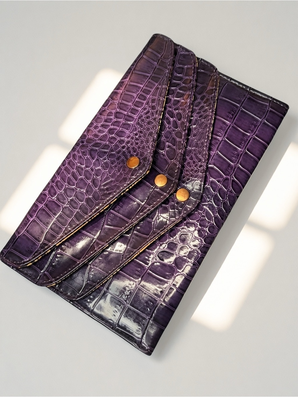 Steve Madden Purple Croc Embossed Envelope Tri-Fold Wallet - Snake Print Lining